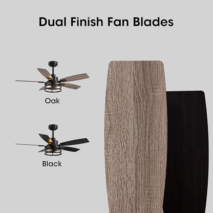 46 Inch Ceiling Fans with Lights and Remote & APP Control, Farmhouse Ceiling Fan with LED Lighting for Bedroom Living Room and Patio, Black Caged Ceiling Fan for Indoor and Outdoor(NO Bulbs
