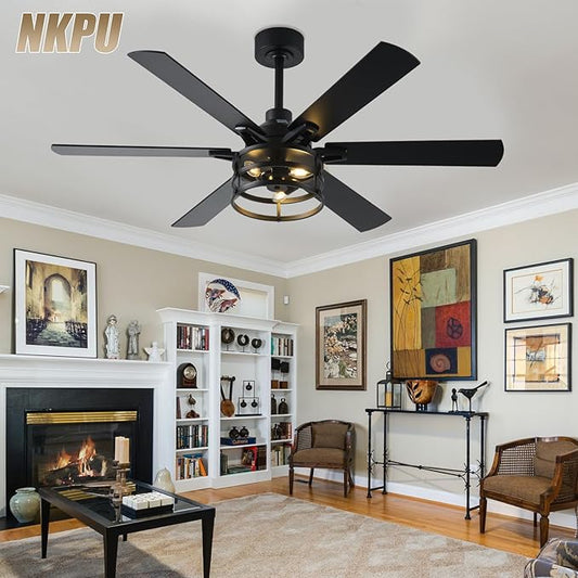 NKPU 52 Inch Farmhouse Ceiling Fan with Light and Remote, Black Industrial Caged Rustic Ceiling Fan with 6 Speed Reversible Motor and Dual Finish 6 Blades, Rustic Ceiling Fan for Living