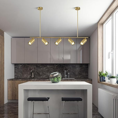 BOKT Brass Gold 5-Light Track Lighting Pendant Mid Century Modern LED Hanging Track Lighting Kit Vanity Linear Track Lighting Kitchen Island Adjustable Spot Light Ceiling