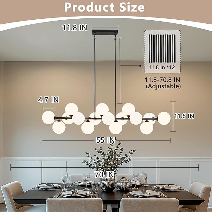 Linear Chandeliers for Dining Room, 55inch Glass Globe Chandelier Black Linear Sputnik Chandeliers 16 Light Large Long Modern Chandelier Milk White Glass Bubble Chandelier Kitchen Island Lighting