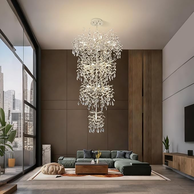 Modern Tree Branch Crystal Chandelier 91" Sliver Luxury Large Pendant Lighting 25-Light Contemporary K9 Crystal Chandeliers for Dining Room Kitchen Living Room Foyer Entryway (Sliver, H91"-Round)