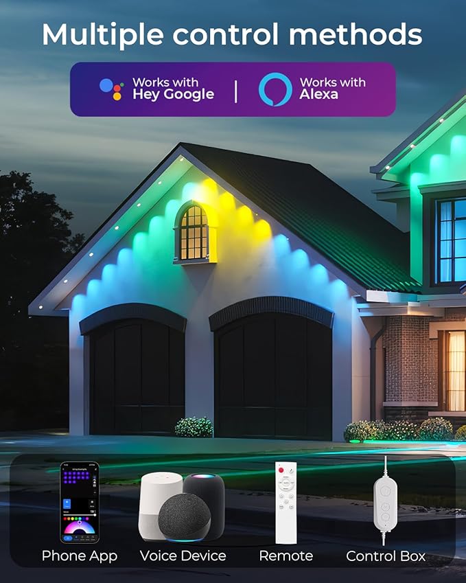 CINOTON Permanent Outdoor Lights Pro 100ft, Smart RGBCW Eaves Lights with 60 LEDs, IP67 Waterproof, 111 Scene Modes for Daily and Festival, Halloween Christmas Holiday Decor, APP/Voice/Remote Control