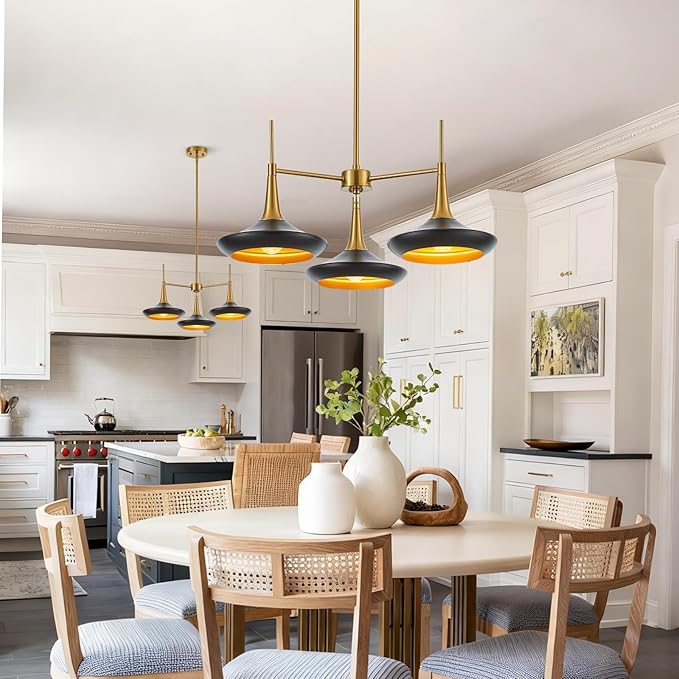 3-Lights Modern Chandelier,Black and Brass Chandelier for Dining Room Living Room,Mid-Century Pendant Light Fixtures,Industrial Hanging Light Fixture,E12