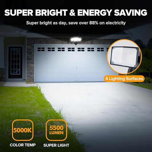 UME 2 Pack 5500LM LED Security Lights Motion Sensor Light Outdoor, 49W, 5000K Daylight, IP65 Waterproof, Dusk to Dawn, 3 Head Motion Detected Flood Light for Garage, Yard, Porch (Black)