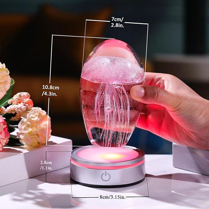 Handmade Jellyfish Lamp – Crystal Glass Figurine Colorful LED Night Light, Ocean-Themed Desk Decor, Aquarium & Beach Room Decor – Gifts for Women Nature Lovers (Pink)