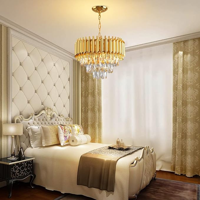 Gold Crystal Chandelier 3-Tier Dining Room Chandelier Light fixtures Modern Chandeliers for Dining Room Small Pendant Light Fixture for Living Room Foyer Kitchen Island Entryway Round 5 Light W15.7”