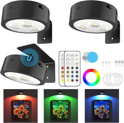3 Pack Picture Lights for Wall, 13 RGB Color Rechargeable Battery Operated wall lights, Picture Frame lights with 3 Lighting Modes, Wireless Magnetic Painting Light with Remote Control Timer, (Black)