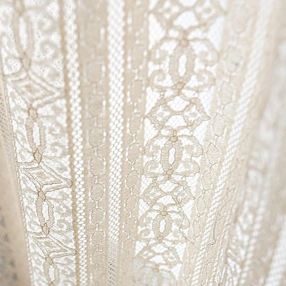 Sutuo Home Boho Sheer Curtain Valance Crochet Lace with Bohemian Hollow Knitted Handmade Tassels, Short Rustic Window Treatment for Kitchen Cafe, Rod Pocket, 1 Panel 59" W x 18" L, Beige