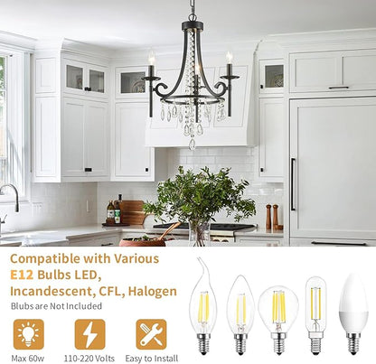 Small Crystal Chandelier, 3-Lights Modern Black Chandeliers for Dinning Room, Wagon Wheel Black Chandelier, Farmhouse Hanging Pendant Light Fixture for Bedroom Hallway Entryway Bar Kitchen Bathroom