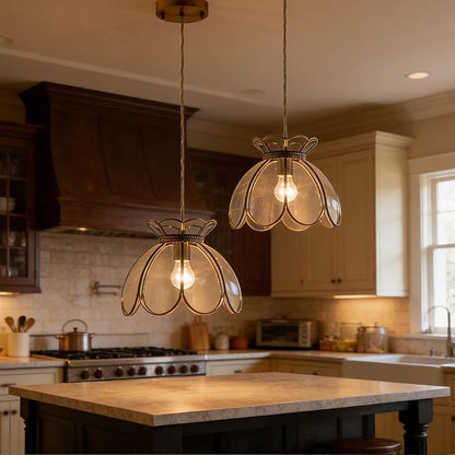 Brass Glass Ceiling Pendant Light, Hanging Chain lamp, with Vintage Lotus Flower Glass Shade for Kitchen Island Dining Room Bedroom Living Room-12 Clear Large Shade