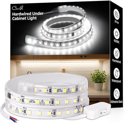 cambk Hardwired Under Cabinet Lighting for Kitchen,24inch120V Wired Undercounter Led Strip Lights 6000K White Waterproof, Luces para Cocina Bajo Gabinete Under Shelf Lights for Sink/Workbench