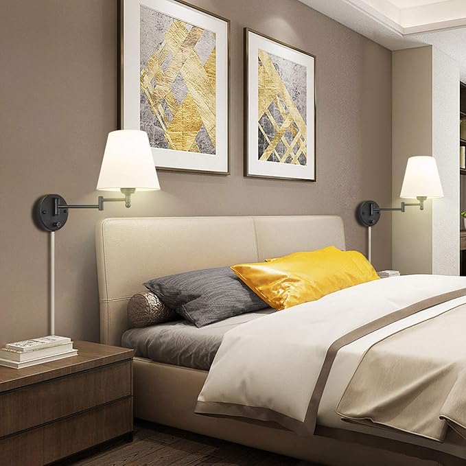 Swing Arm Wall Lamp Plug in Wall Mount Opaque Ivory Linen Shade 40W 2-Way Cord Covers(1 Light)
