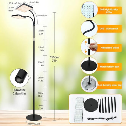 FECiDA 2026 2Head Floor Lamp Grow Light, Grow Lights with Stable Stand Base for Indoor Plants, Bonsai Tree, 4/8/12/16/20 Hr Timer, 50 Watt Power Draw, NO Need Adapter, 40"-76" Height Adjustable