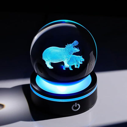 YWHL 3D Hippo Crystal Ball Figurine with LED Base Laser Hippopotamus Gifts for Women Men on Christmas Birthday Decorative Hippo Ball Glass Hippopotamus Globe for Home Decor (80mm)