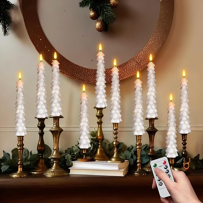 GenSwin Christmas Tree Flameless Candles with Remote Timer, White Christmas Tree LED Taper Candles with 3D Flickering Flame, 4 Pcs LED Candlesticks for Christmas Winter Home Decoration(0.78” x 9.8”)