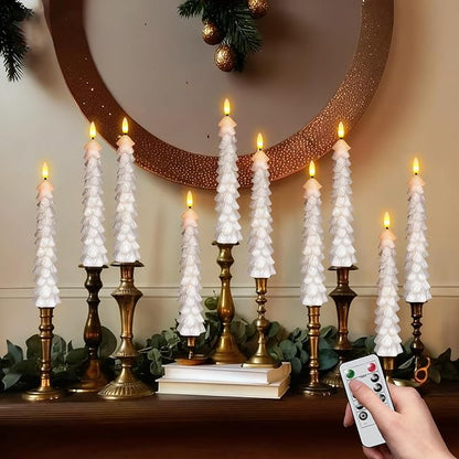 GenSwin Christmas Tree Flameless Candles with Remote Timer, White Christmas Tree LED Taper Candles with 3D Flickering Flame, 4 Pcs LED Candlesticks for Christmas Winter Home Decoration(0.78” x 9.8”)