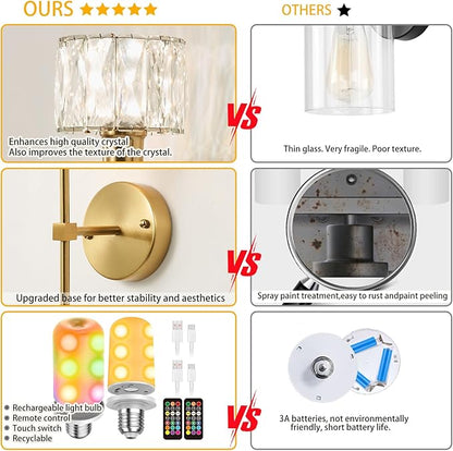 Crystal Battery Operated Wall Sconces Set Of Two, Gold Wireless Wall Light with USB Rechargeable LED Light Bulbs 12 Colors Dimmable Crystal Wall Lamp with Remote for Living Room, Bedroom, Hallway