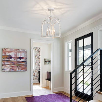 4-Light Chandeliers, Farmhouse White Chandelier for Dining Room Light Fixtures, Lantern Metal Kitchen Pendant Light Fixtures, Rustic Cage Chandelier for Bedroom Living Room Kitchen Island Hallway