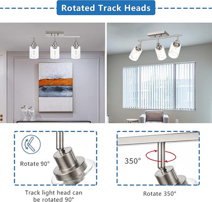 MELUCEE 3 Light Bathroom Vanity Light Brushed Nickel Track Lighting Fixtures Ceiling, Wall Light Fixtures with Rotatable Track Head for Hallway Porch Foyer Bath Storage, 20.5 Inch, Clear Glass Shade
