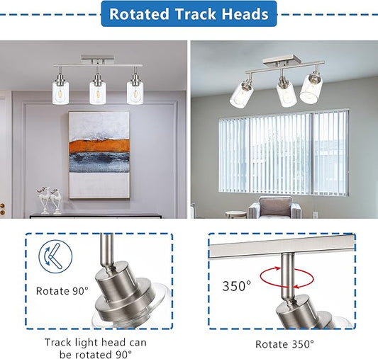 MELUCEE 3 Light Bathroom Vanity Light Brushed Nickel Track Lighting Fixtures Ceiling, Wall Light Fixtures with Rotatable Track Head for Hallway Porch Foyer Bath Storage, 20.5 Inch, Clear Glass Shade