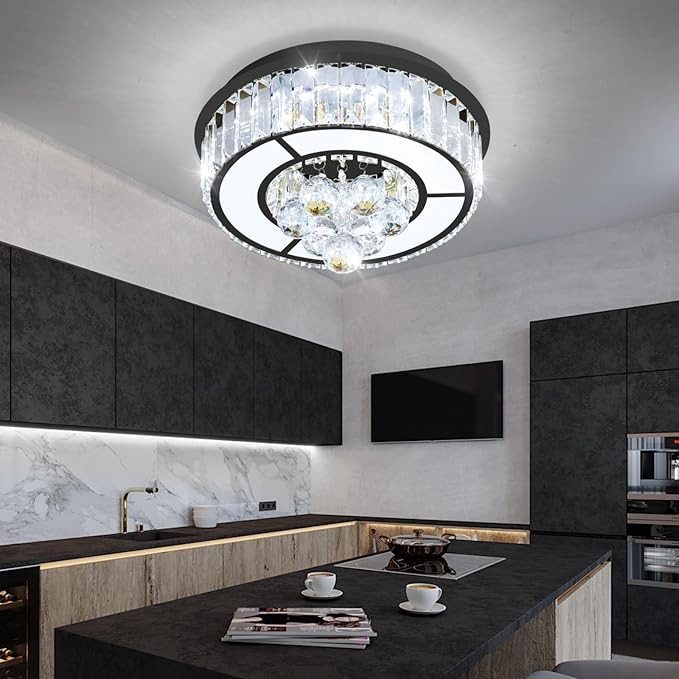 11.8" Black Modern Crystal Chandeliers for Dining Room LED Dimmable Light Fixtures Flush Mount Light Living Room Bedrooms