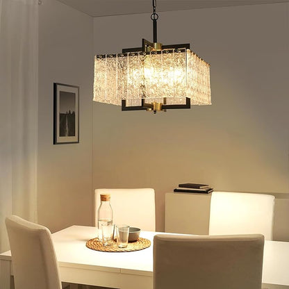 Modern Crystal Chandelier,16" Black Chandeliers for Dining Room, Adjustable Height,Water Ripple Glass,Hanging Pendant Light Fixture for Kitchen Island Entryway Foyer Hallway Living Room