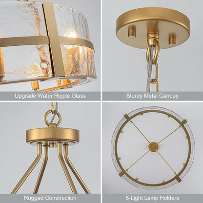 Gold Glass Chandelier for Dining Room, 28" Modern Large Glass Drum Chandelier Entryway Light Fixture, Farmhouse Hanging Pendant Light for High Ceiling Foyer Living Room Kitchen