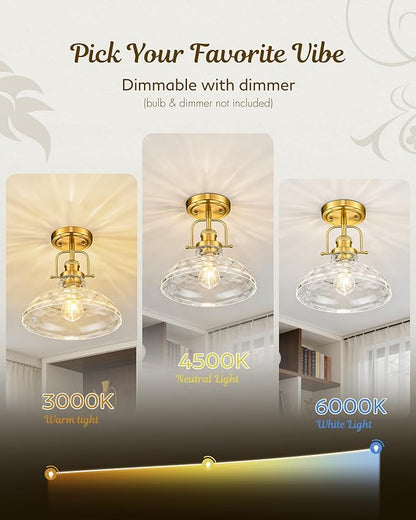 FEMILA 11" Brushed Gold Flush Mount Ceiling Light Fixture, Semi Flush Kitchen and Bedroom Ceiling Light with Water Ripple Glass Shade, 4FY09-F BG-WG