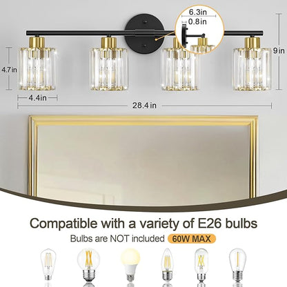 Crystal Bathroom Light Fixtures, Bathroom Lighting Fixtures Over Mirror, Modern Black Gold 4-Light Vanity Lights for Mirror, Restroom, Bedroom (Ceramic E26 Socket,Bulbs Not Include)