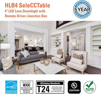 HALO HLB 4 inch LED Recessed Light, Thin Canless, Dimmable w/Selectable Color Temperatures, 6-Pack - HLB40699FS1EMWR-6PK