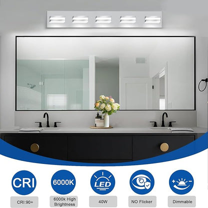 IZORRO LED Modern Bathroom Lights Fixtures(5-Light,Dimmable,360°Rotate),Chrome Acrylic Wall Lighting,Vanity Lights for Bathroom Over Mirror - 6000k 30In （No Assembly Required）