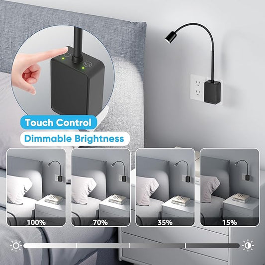 Plug in LED Book Reading Light, Black Flexible Dimmable LED Wall Sconce Lamp with Power Plug for Outlets in Bedroom Kitchen Living Room, 3 Lighting Colors, 50° Spot Lighting Angle