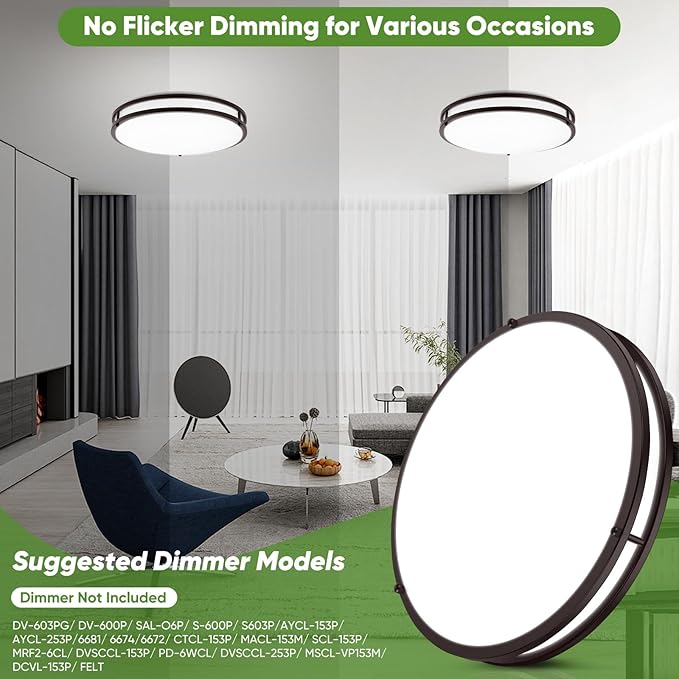 TOBUSA 16in 50W LED Flush Mount Ceiling Lights 5600lm Super Bright, Dimmable LED Light Fixtures 2700K-6500K 5CCT Adjusted, 2-Pack Modern Brown Light Fixture Ceiling for Living Room Bedroom Kitchen