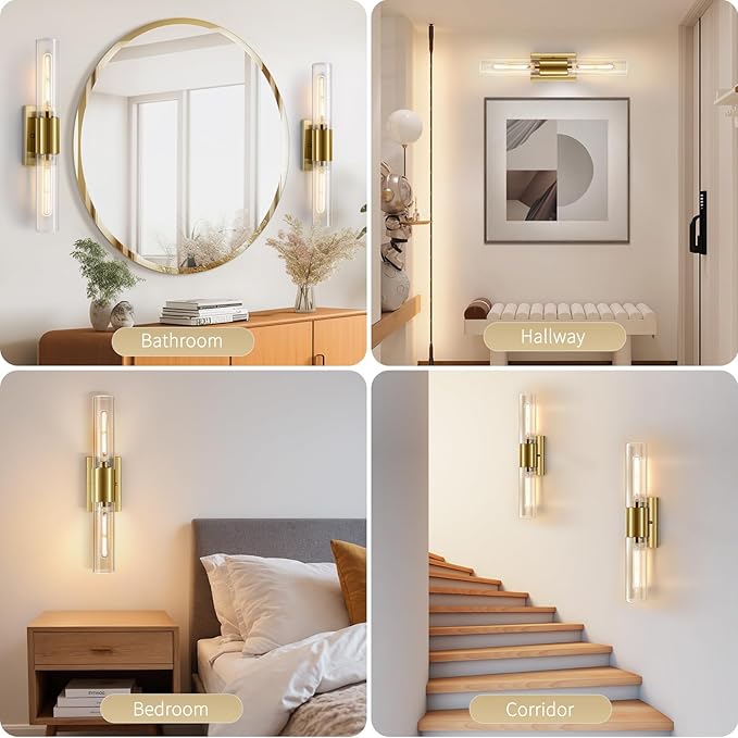 Wall Sconces Set of Two, Gold Bathroom Sconces Wall Lighting with Clear Glass Modern Sconces Wall Light Set of 2 Bathroom Light Fixtures Vanity Light for Bedroom Washroom Hallway Living Room