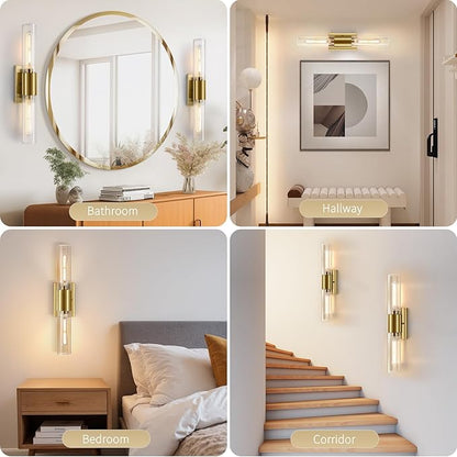 Wall Sconces Set of Two, Gold Bathroom Sconces Wall Lighting with Clear Glass Modern Sconces Wall Light Set of 2 Bathroom Light Fixtures Vanity Light for Bedroom Washroom Hallway Living Room