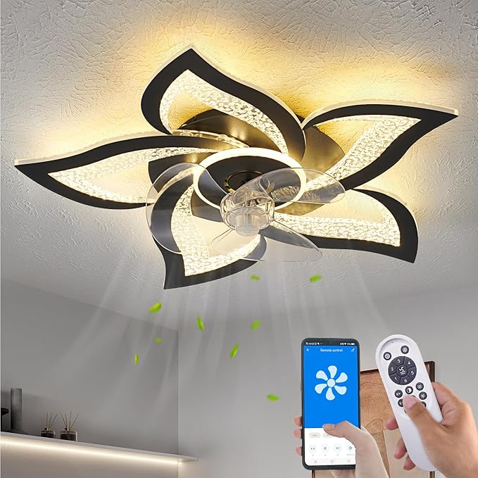 Yfrest Ceiling Fan with Lights Remote Control, Black Personalized Ceiling Fan with Light, 6 Speeds 3 Light Color Flush Mount Ceiling Fan for Kitchen Bedroom