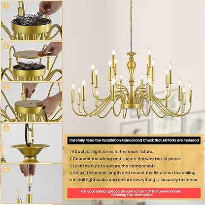 24 Light Gold Chandelier Large Farmhouse Chandeliers for High Ceiling Foyer, Extra Large Round Rustic Gold Chandelier 3-Tier for Living Room Dining Room Stairs Entry Restaurant Hotel -42.5 in