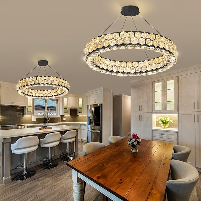 Modern Ring Chandelier, Crystal Chandeliers for Dining Room Round LED Ceiling Light Fixture for Living Room Bedroom Lighting Dimmable with Remote Black