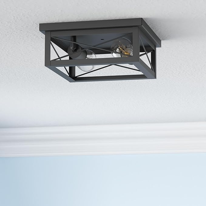 Kondras 2-Light Industrial Square Flush Mount Ceiling Light, Farmhouse Ceiling Light Fixture for Kitchen, Modern Black Close to Ceiling Light for Hallway Bedroom Balcony Porch Stairway, E26, 2-Pack