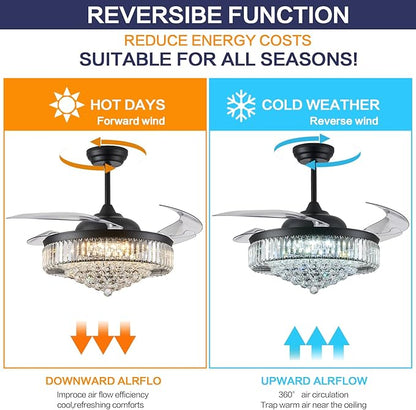 DuMaiWay 52" Dimmable Chandelier Ceiling Fan with Lights,Retractable Crystal Ceiling Fan Chandelier with Remote Control LED Light for Bedroom Living Room Polished Chrome Black 6 Speed 3 Light