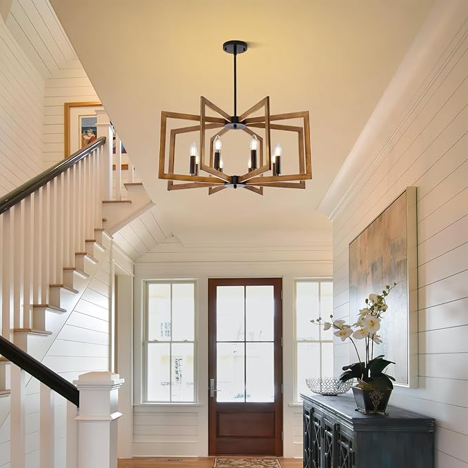 27.6" Chandelier for Dining Room, 8-Light Wood Grain Farmhouse Dining Room Light Fixture Over Table, Industrial Hanging Pendant Lights Fixture for Kitchen Island, Living Room, Foyer, Entryway