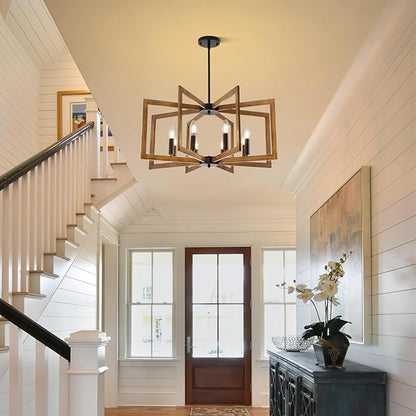 27.6" Chandelier for Dining Room, 8-Light Wood Grain Farmhouse Dining Room Light Fixture Over Table, Industrial Hanging Pendant Lights Fixture for Kitchen Island, Living Room, Foyer, Entryway