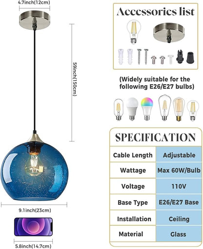 Large Blue Glass Pendant Light for Kitchen Island, Includes 1 Bulb & 4.92FT Adjustable Cord, Modern Pendant Lighting Fixtures for Kitchen, Dining Room, Living Room (9.1in)