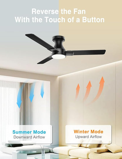 DAMINY 42 inch Ceiling Fans with Lights,3 Blades,6CCT, Low Profile Ceiling Fan with Light and Remote Control,Ceiling Fan for Bedroom, Kitchen,Indoor/Outdoor Use,Flush Mount-Black
