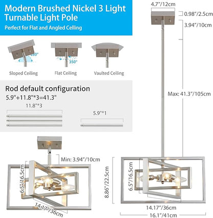 XINGQI Brushed Nickel Chandelier 3-Light Modern Pendant Lighting Fixtures Semi Flush Mount Ceiling Lights for Dining Room Bedroom Living Room Kitchen Entry Foyer