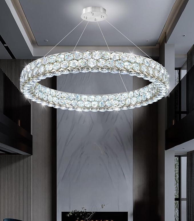 Modern Ring Chandelier, Crystal Chandeliers for Dining Room Round LED Ceiling Light Fixture for Living Room Bedroom Lighting Dimmable with Remote Ring Lights, 32inch Width