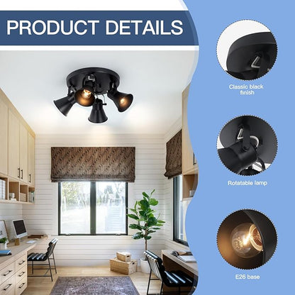 4-Light Kitchen Lighting Fixtures Ceiling, Adjustable Track Lighting Fixtures, Morden Black Directional Ceiling Light for Kitchen, Bathroom, Hallway, Dining Room, Coffee Bar.