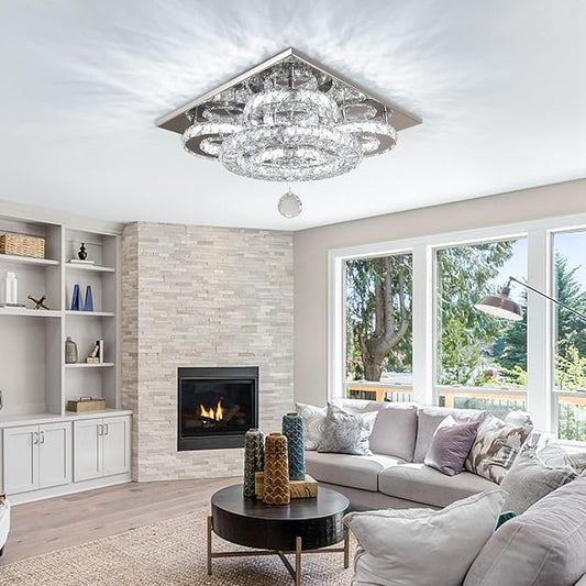 Modern Crystal Chandelier, 5-Ring LED Flush Mount Ceiling Light, Crystal Ceiling Lamp with Stainless Steel Base for Living Room Bedroom Dining Room Kitchen, Cool White