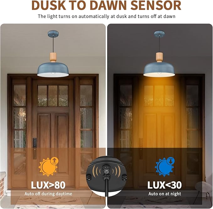 Darkaway Dusk to Dawn Industrial Pendant Light Fixtures Ceiling Hanging with Hammered Metal Shade, 2pcs Blue Pendant Light for Outdoor Porch Lighting Hanging Lamp Adjustable Height