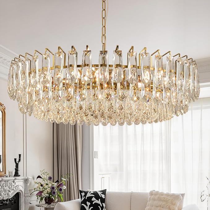 31.5" Modern Crystal Chandelier Gold 3-Tier Luxury Pendant Light Gold Plated Ceiling Pendant Lighting for Dinning Room Living Room Foyer